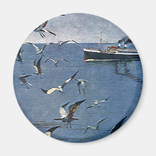 Vintage vogels dieren, meeuwen en vissersboten magneet