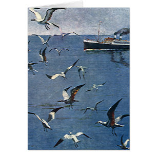 Vintage vogels dieren, zeemeeuwen en vissersboten