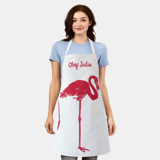 Vintage Vogels, een roze flamingo met één been omh Schort (Gedragen)