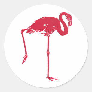 Vintage Vogels, een roze flamingo met één poot omh Ronde Sticker