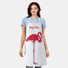 Vintage vogels, een roze flamingo met één poot omh schort