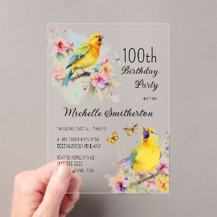 Vintage Vogels Kanaries Bloemen 100ste Verjaardag Acryl Uitnodigingen