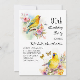 Vintage Vogels Kanaries Bloemen 80ste Verjaardag Kaart