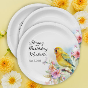 Vintage Vogels Kanaries Bloemen Gelukkige Verjaard Papieren Bordje