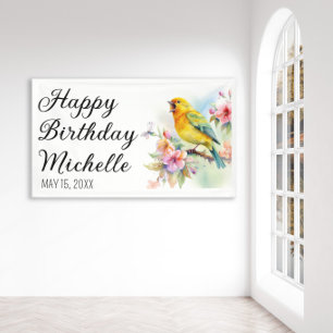 Vintage Vogels Kanaries Bloemen Gelukkige Verjaard Spandoek