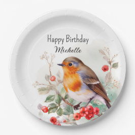 Vintage vogels roodborstje gelukkige verjaardag na papieren bordje