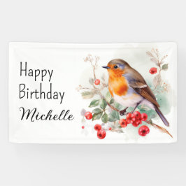 Vintage vogels roodborstje gelukkige verjaardag na spandoek