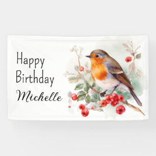 Vintage vogels roodborstje gelukkige verjaardag na spandoek