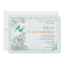 Vintage Vogels Turquoise en Oranje Damast Trouwkaa