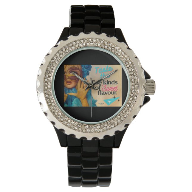 Vintage Voices Watch Rhinestone Black Enamel Horloge (Voorkant)