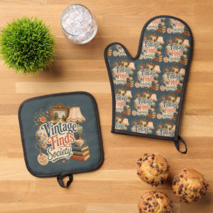 Vintage vondsten Cottagecore schatten Blauw  Ovenwant & Pannenlap Set