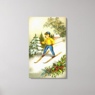 Vintage voor het skiën van meisjes canvas afdruk
