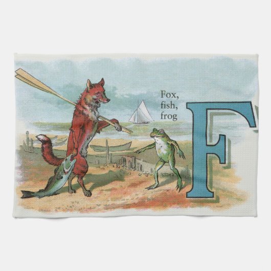 Vintage Vos-en-Kikkerstrand Whimsische Illustratie Theedoek (Horizontaal)