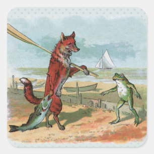 Vintage Vos-en-Kikkerstrand Whimsische Illustratie Vierkante Sticker