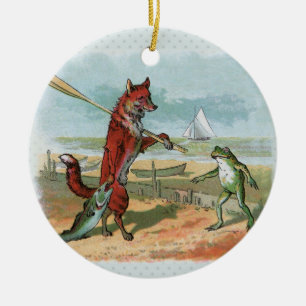 Vintage Vos-en-Kikkervis Strand Whimsische Illustr Keramisch Ornament