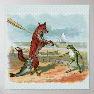 Vintage Vos-en-Kikkervis Strand Whimsische Illustr Poster
