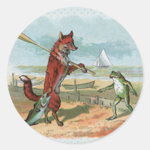 Vintage Vos-en-Kikkervis Strand Whimsische Illustr Ronde Sticker