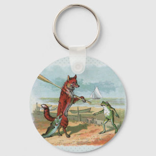 Vintage Vos-en-Kikkervis Strand Whimsische Illustr Sleutelhanger