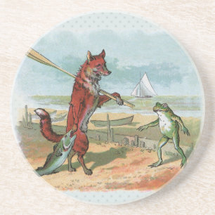 Vintage Vos-en-Kikkervis Strand Whimsische Illustr Zandsteen Onderzetter
