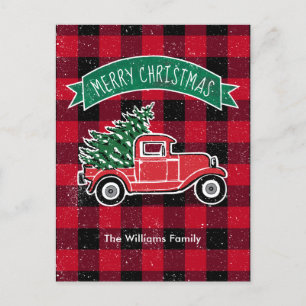 Vintage Vrachtwagen Rood Zwart Buffalo Plaid Feestdagenkaart