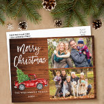 Vintage Vrachtwagen voor penseel 2 kerstcadeautje Briefkaart<br><div class="desc">Moderne Waterverf  rood vrachtwagen met kerstboom voor penseelscript - Vrolijk kerstfeest 2 Foto-Briefkaart - Rustisch landhout</div>