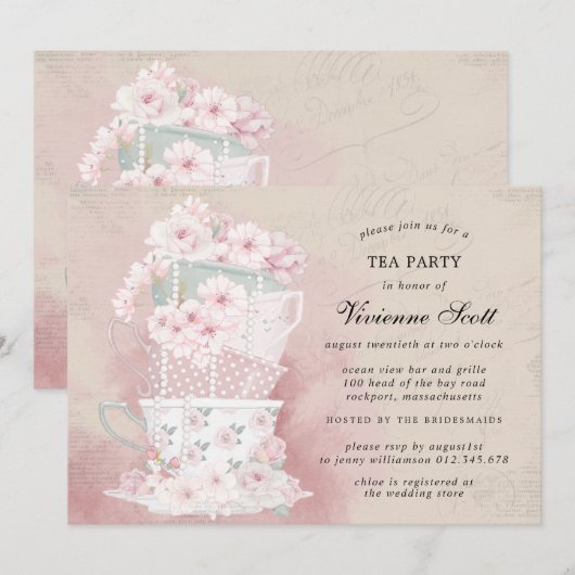 Vintage Vrijgezellenfeest Waterverf Tea Kaart (Voorkant / Achterkant)