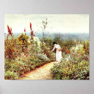 VINTAGE VROUW BLOEMENTUIN LANDSCHAP POSTER