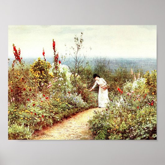 VINTAGE VROUW BLOEMENTUIN LANDSCHAP POSTER (Voorkant)