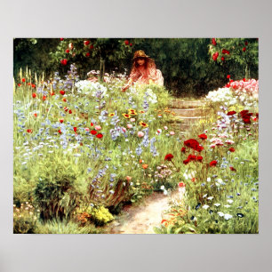 VINTAGE VROUW BLOEMENTUIN LANDSCHAP POSTER