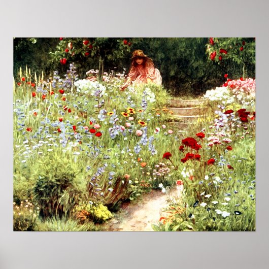 VINTAGE VROUW BLOEMENTUIN LANDSCHAP POSTER (Voorkant)