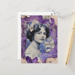 Vintage Vrouw Collage Bladmuziek Paars Briefkaart