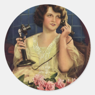 Vintage vrouw die op de telefoon praat Rozenbloeme Ronde Sticker