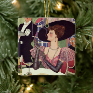 Vintage vrouw die sigaret rookt en champagne drink keramisch ornament