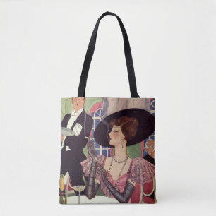 Vintage vrouw die sigaret rookt en champagne drink tote bag