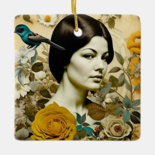 Vintage Vrouw en Blauwe Vogel Persoonlijke Kerstmi Keramisch Ornament