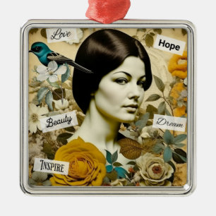 Vintage Vrouw en Blauwe Vogel Persoonlijke Kerstmi Metalen Ornament