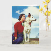 Vintage vrouw en hond, Moederdag Kaart (Gele Bloem)