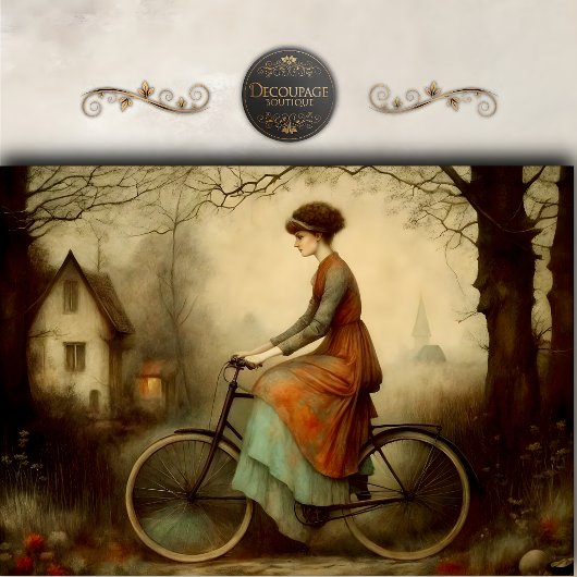 Vintage Vrouw Fiets Cottage Scene Decoupage Tissuepapier