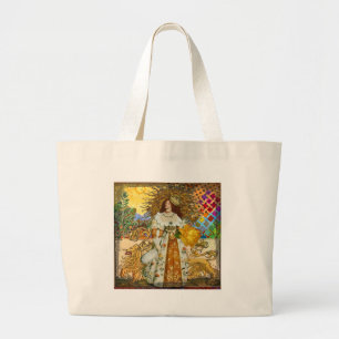 Vintage Vrouw Gouden Zon: Leeuw Zodiac Collage Kun Grote Tote Bag