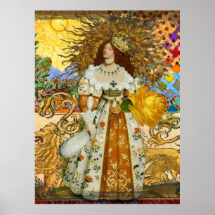 Vintage Vrouw Gouden Zon: Leeuw Zodiac Collage Kun Poster