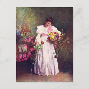 Vintage - Vrouw in de tuin Briefkaart