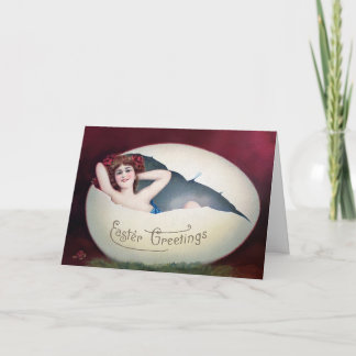 Vintage vrouw in een paaskaart met ei feestdagen kaart
