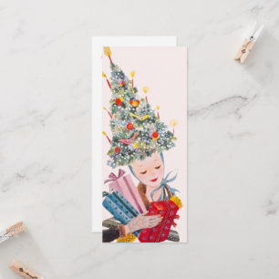 Vintage Vrouw in Kerstboom Hoed Kerstkaart Kaart