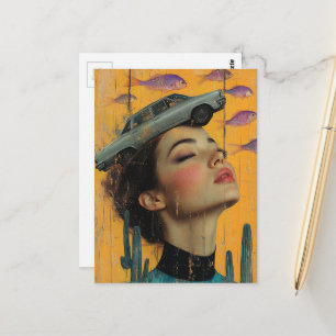 Vintage vrouw in woestijn met vis en auto Surreali Briefkaart