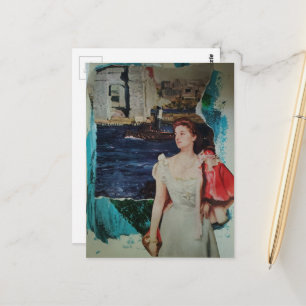 Vintage vrouw langs de rivier Mixed Media Collage Briefkaart