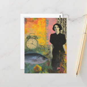 Vintage Vrouw Met Vis Kleurrijke Collage Briefkaart