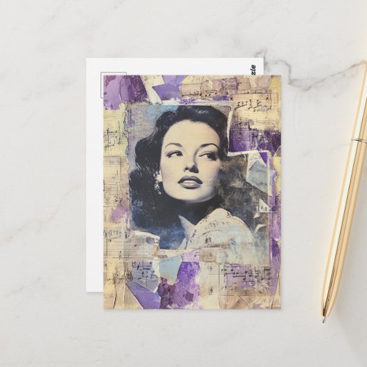 Vintage Vrouw Mixed Media Collage Briefkaart (Voorkant / Achterkant in situ)