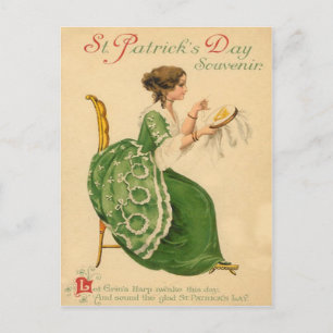 Vintage vrouw naait Harp van Erin St. Patrick's Da Briefkaart