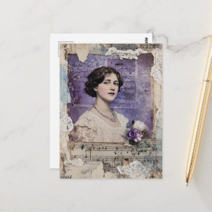 Vintage vrouw paarse collage bladmuziek bloem briefkaart