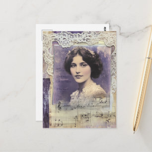 Vintage Vrouw Paarse Collage Bladmuziek Briefkaart
